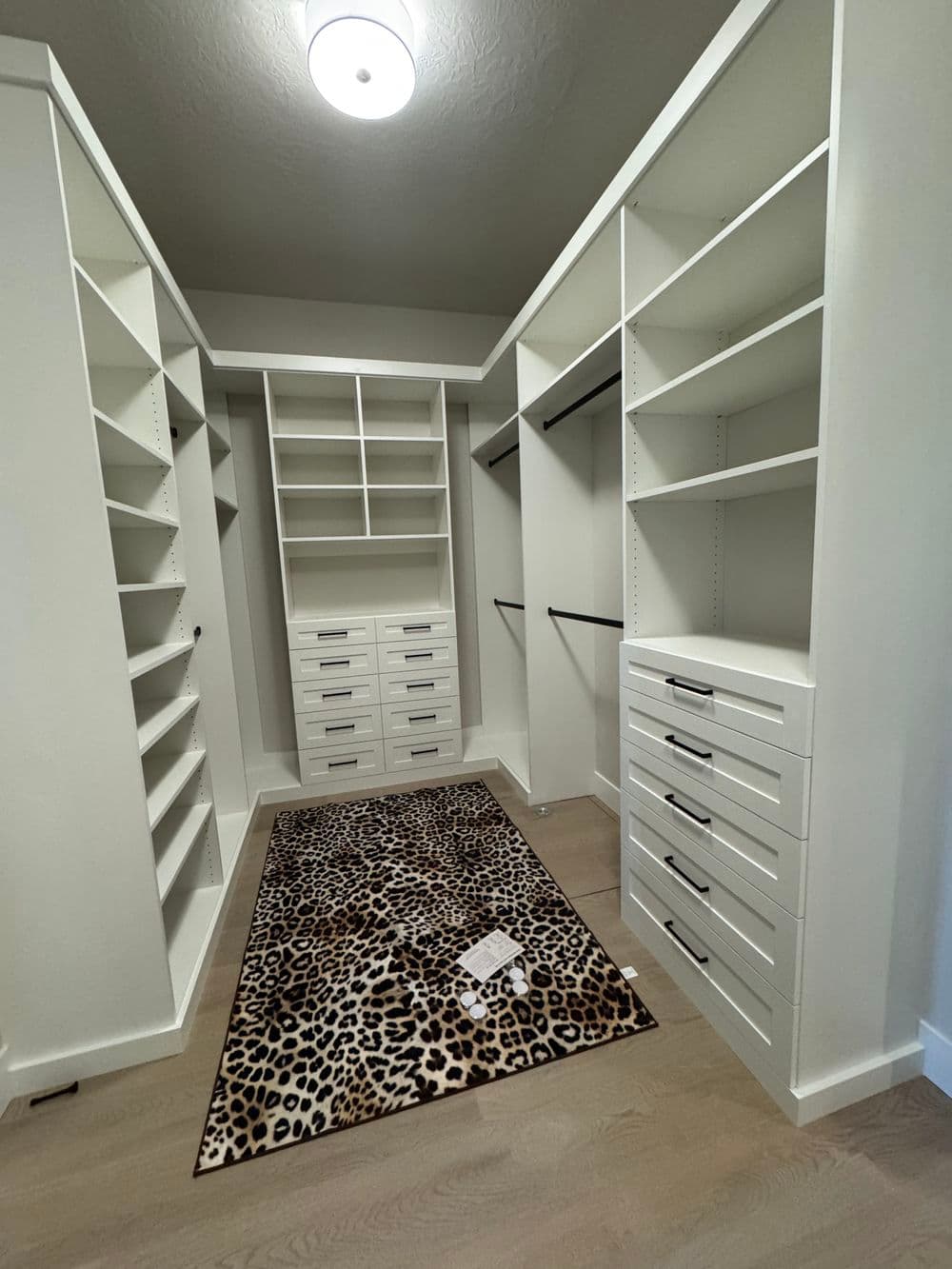 Spacious modern closet with built-in shelves, drawers, and a leopard print rug.